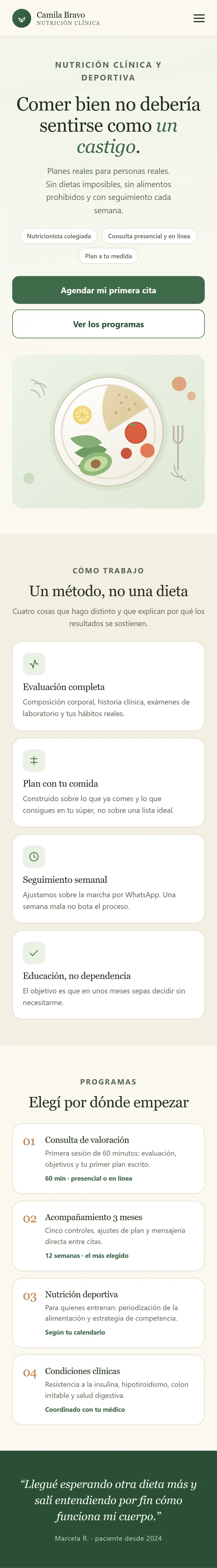 Sitio de la Dra. Camila Bravo visto en un teléfono