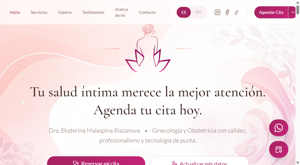 Página de la Dra. Ekaterina Malaspina hecha con Asclepia, con su marca y su botón para agendar