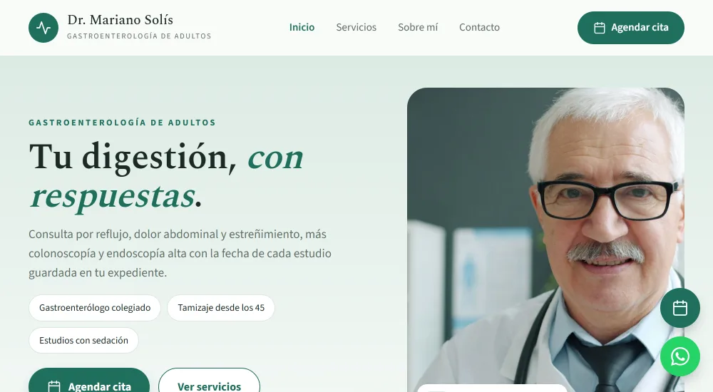 Página de una consulta hecha con Asclepia, con su marca y su botón para agendar