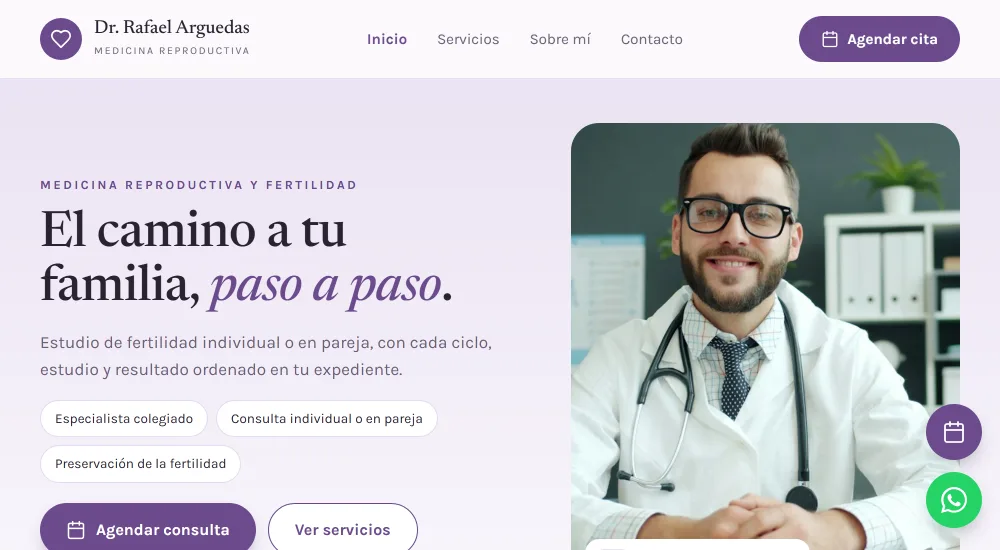 Página de una consulta hecha con Asclepia, con su marca y su botón para agendar