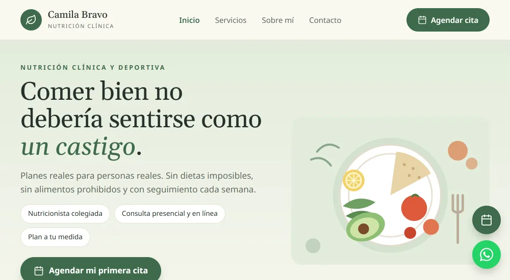 Página de una consulta hecha con Asclepia, con su marca y su botón para agendar