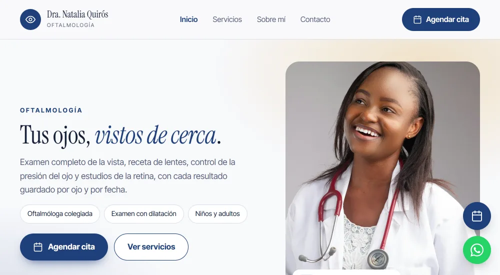 Página de una consulta hecha con Asclepia, con su marca y su botón para agendar