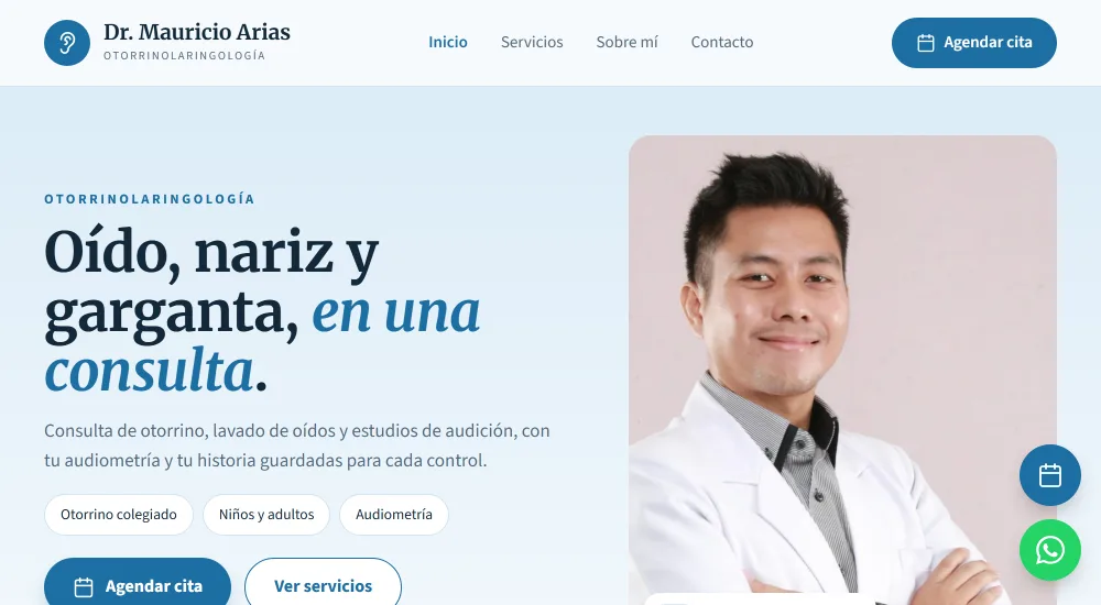 Página de una consulta hecha con Asclepia, con su marca y su botón para agendar